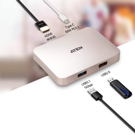 Aten | USB-C 4K Ultra Mini Dock with Power Pass-through | Ethernet LAN (RJ-45) ports | VGA (D-Sub) ports quantity | USB 3.0 (3.1 - 3